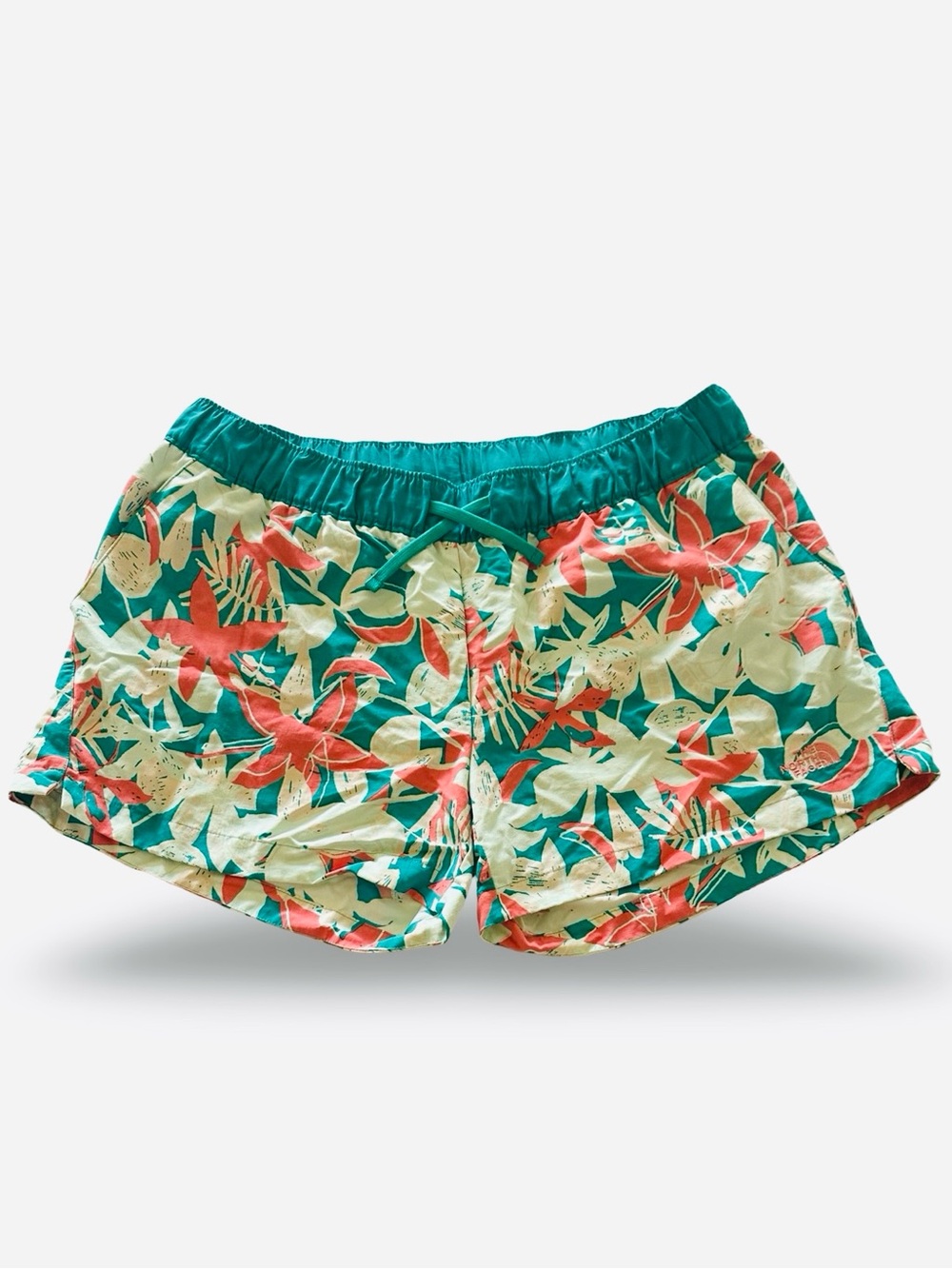 The North Face Floral Athletic Shorts in Teal, Coral, and Cream